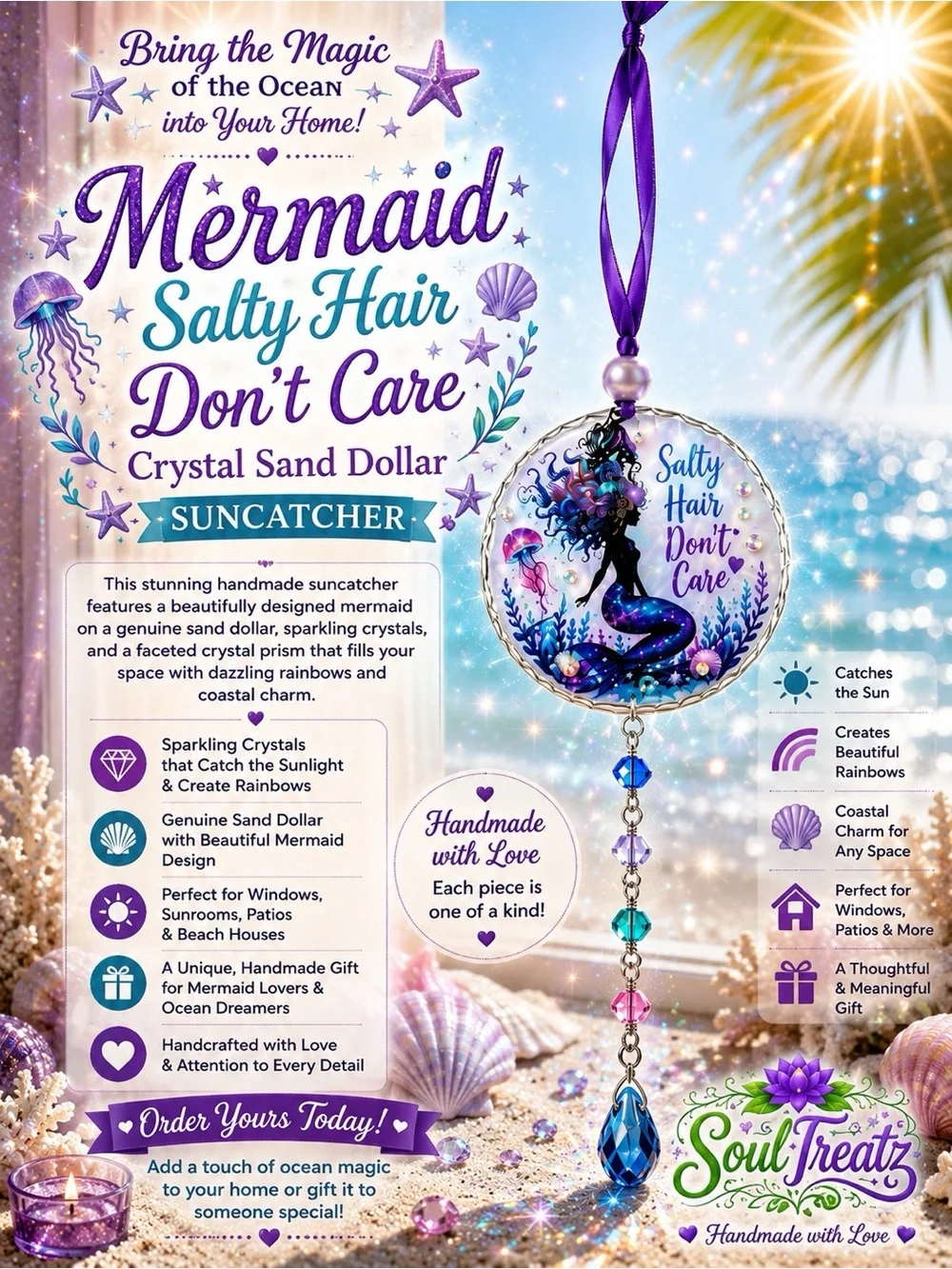 Decoupage Mermaid 'Salty Hair Don't Care' Purple Crystal Sand Dollar Suncatcher